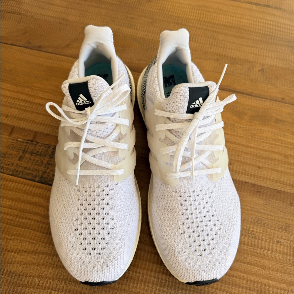 adidas White Knit Ultra Boost Sneakers with Black Patterned Heel - Picture 5 of 8